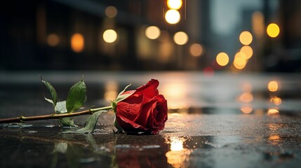 A rainy city with one rose lying on a wet road.