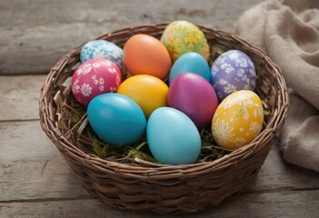 Fototapeta na wymiar Painting easter eggs on wicker basket