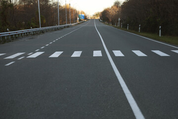 asphalt road in forest. White and black pedestrian crossing in rural area in Georgia. Zebra...