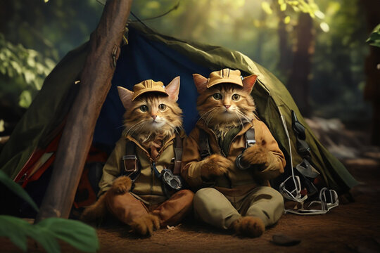 A couple of brown terrier cat lovers dressed as forest explorers are relaxing in front of a tent