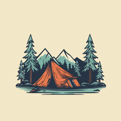 camp images illustration vector design of the landscape outdoor holiday theme logo badge for tshirt, print, wallpaper, sticker, or any purpose