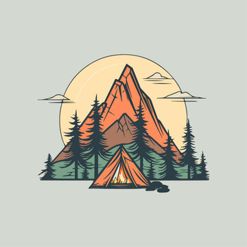 illustration of a camp images of the landscape outdoor holiday theme logo badge for tshirt, print, wallpaper, sticker, or any purpose