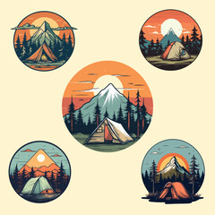 illustration of a set of images of the landscape camping logo badge for tshirt, print, wallpaper, sticker, or any purpose