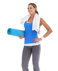 Yoga mat, health and young woman in studio for health, body or pilates workout. Sports, towel and portrait of happy female person with equipment for exercise or training isolated by white background.