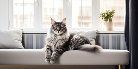 Maine Coon Cat Lounging on a Modern Sofa