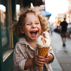 A smiling child with a messy ice cream cone.