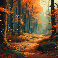 A tranquil autumn forest with fallen leaves.
