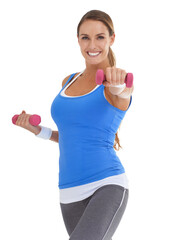 Weights, health and portrait of woman in a studio for arm strength workout, training or exercise....