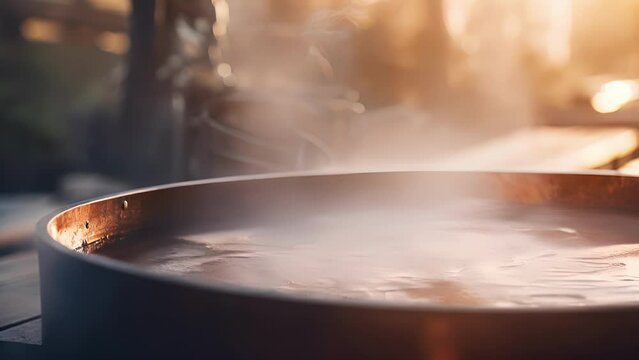 Closeup of the steam rising from the hot water of the ofuro tub, emphasizing the soothing and rejuvenating properties of the traditional experience.