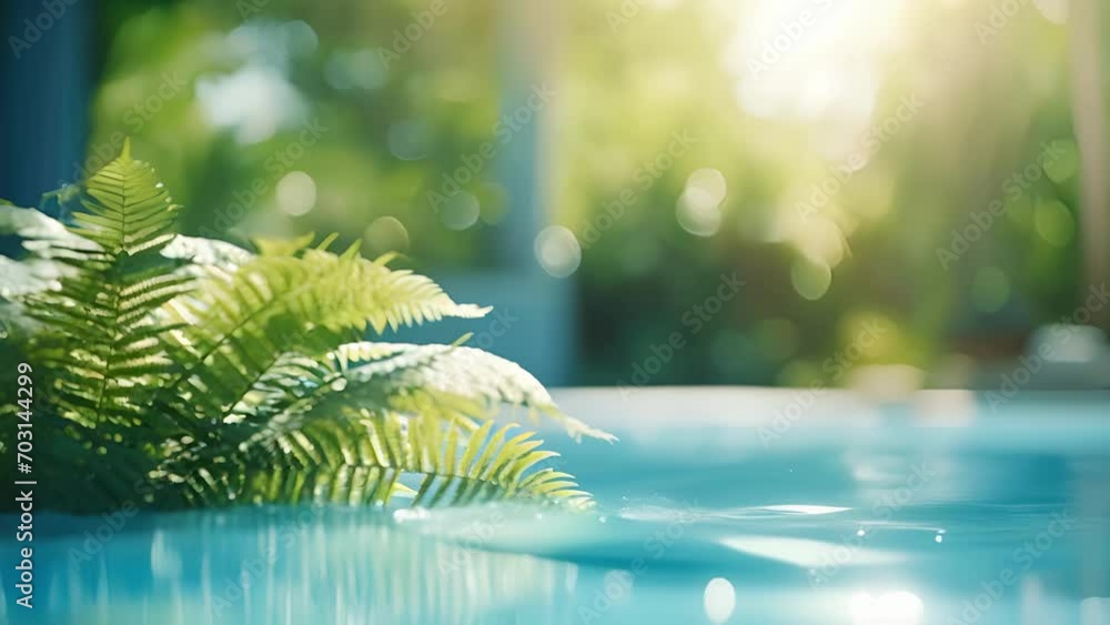 Poster closeup of delicate ferns, adding a touch of whimsy and softness to the poolside landscape.