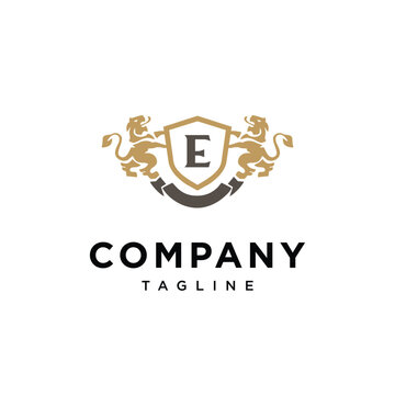 Letter E Lion Shield vintage logo icon vector template