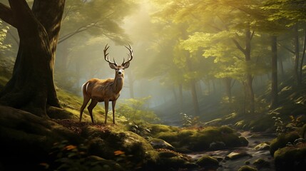 Deer standing in a grassy forest.