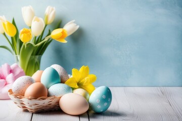 Obraz na płótnie Canvas easter eggs and flowers on blue background