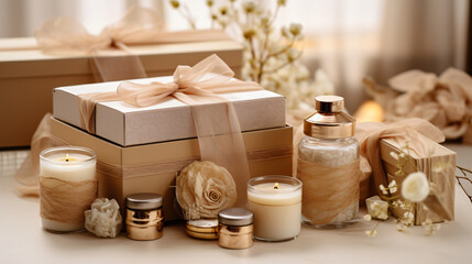 Fototapeta na wymiar Decorative gift boxes with natural cosmetics