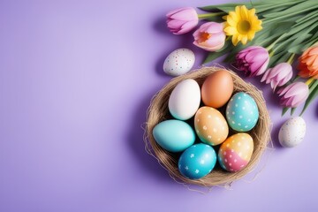 Fototapeta na wymiar easter eggs in a basket on purple background