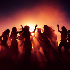 Silhouettes of people dancing at a music festival.
