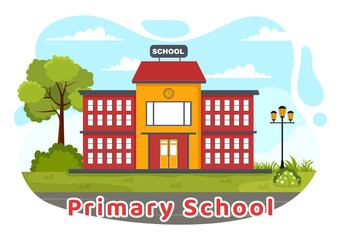 Primary School Vector Illustration of Students Children and School Building with The Concept of Learning and Knowledge in Flat Cartoon Background