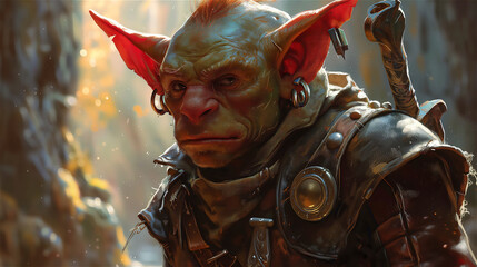 Cinematic photo of a goblin fantasy character in leather body armor - obrazy, fototapety, plakaty