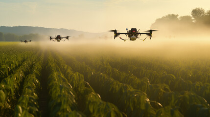 Digitale Landwirtschaft mit Drohnen welche über Agrarflächen fliegen und Pestizide versprühen Automatisierung Generative AI