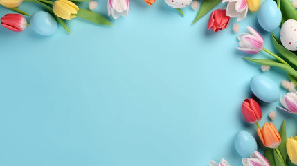 frame with colorful painted easter eggs and tulips on blue pastel background  - obrazy, fototapety, plakaty