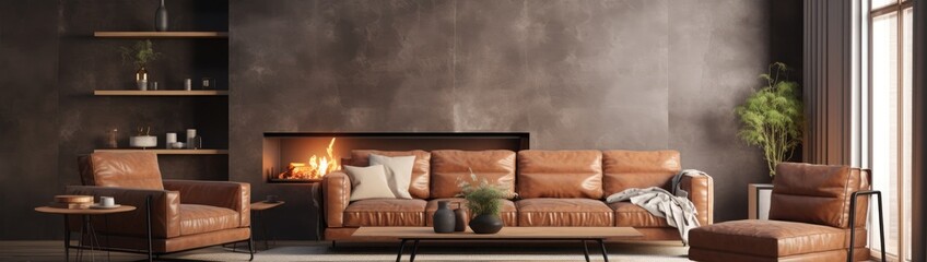 Modern living room interior mockup with leather sofa, armchair and fireplace, 3d rendering