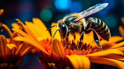 Image of a bee collecting nectar from vibrant flowers.