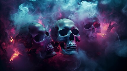 Human skulls enveloped in ethereal smoke.