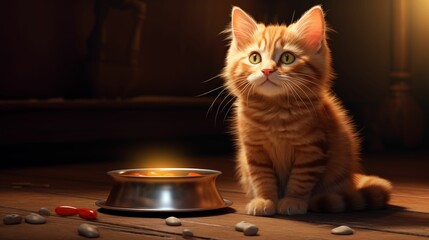 Hungry cat empty bowl.