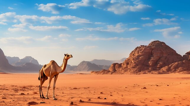 Image of a camel in the middle of a vast desert.