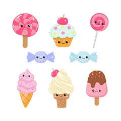 Cute dessert with ice cream, cupcake, and candy collection clipart