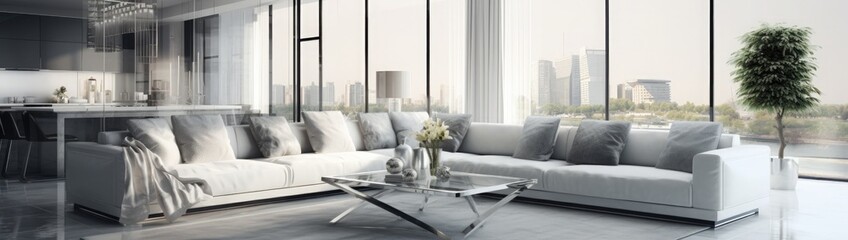 Panorama of white and gray living room in glamour style with glass dining and coffee tables and quilted corner sofa
