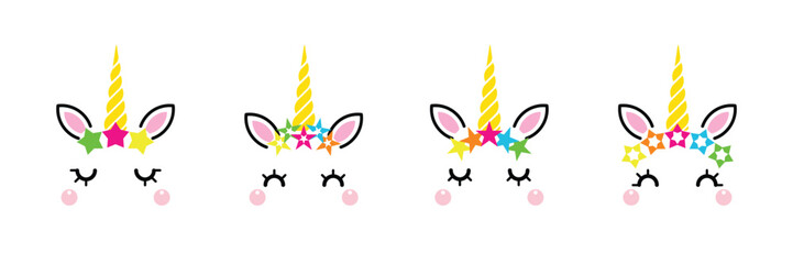 Four unicorn heads adorned with stars isolated on white background. Vector cartoon character illustration. Design for child card, t-shirt. girls, kid.