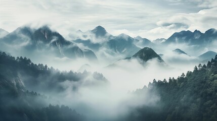 Fototapeta na wymiar Image of fog enveloping majestic mountains.