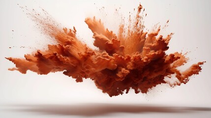 Image of explosive brown powder explosion on white background.