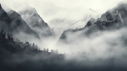 Image of fog enveloping majestic mountains.