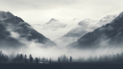Image of fog enveloping majestic mountains.