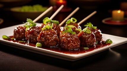 Image of sour meatballs served on toothpicks. - obrazy, fototapety, plakaty