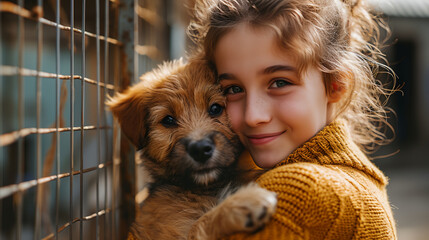 A little girl helps adopting a dog from dog rescue shelter center. - obrazy, fototapety, plakaty