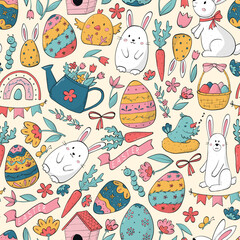 Easter seamless pattern with doodles for nursery prints, wallpaper, backgrounds, wrapping paper, packaging, etc. EPS 10