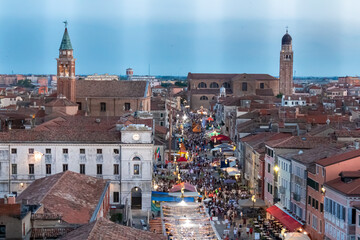 Aerial view of pedestrian street Corso del Popolo in tourist town Chioggia, Venetian Lagoon,...