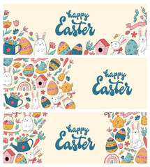 Fototapeta na wymiar Set of Easter horizontal banners decorated with hand drawn doodles and lettering quotes for web banners, prints, cards, templates, invitations, brochures, leaflets. EPS 10
