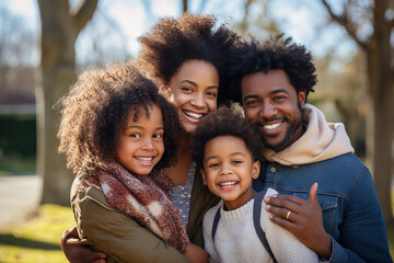 Fototapeta premium Happy Smiling Beautiful African American Family with smiling kids outdoors between spring and summer