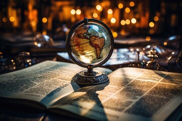 A glass globe and an open book on a bokeh background. - obrazy, fototapety, plakaty