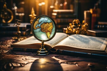 A small globe in front of an open book in the researcher's office.