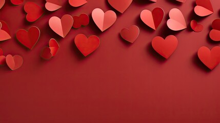Bright red paper hearts on a red background.