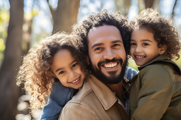 Portrait of Man and children in daylight with forest background landscape during the spring