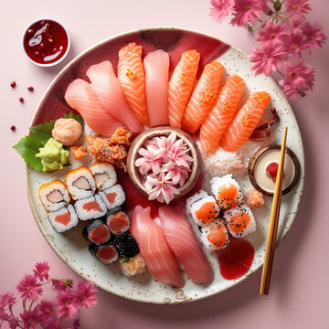Plate of Japanese seafood sushi, nigiri and sashimi on pink background table prepared by a restaurant chef