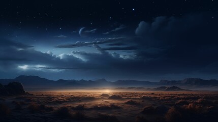 Night landscape featuring a vast desert. - obrazy, fototapety, plakaty
