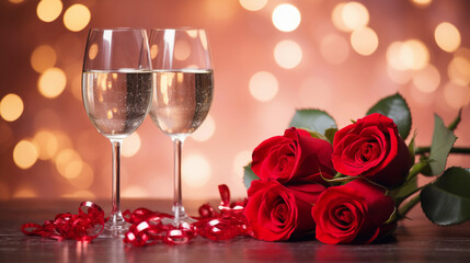 Valentine's Day, wedding, birthday celebration holiday greeting card banner concept - Clinking glasses, sparkling wine or champagne glasses and red roses on table with bokeh lights in the background 