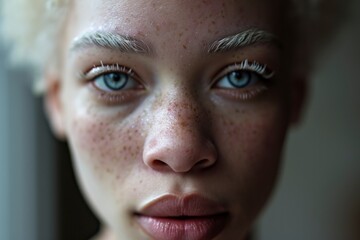 In this captivating portrait, the stunning albino African American woman exudes a unique beauty, celebrating diversity with her melanin-rich charm.  - obrazy, fototapety, plakaty